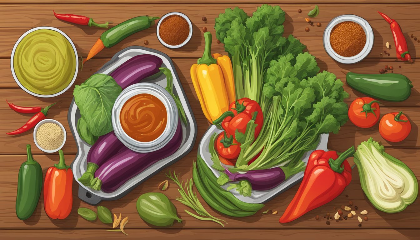 A colorful array of fresh vegetables and a jar of Pace Picante sauce on a wooden cutting board, with a skillet and various Tex-Mex spices nearby