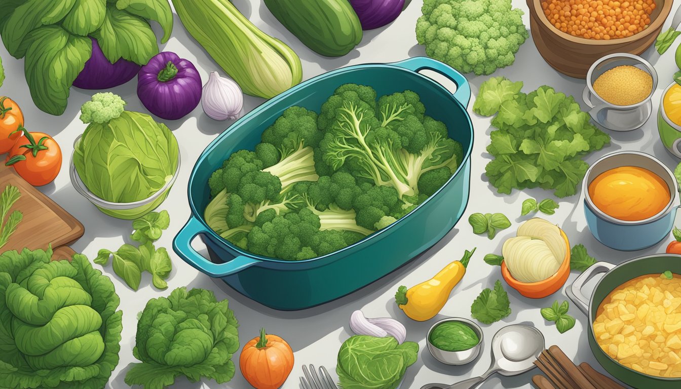 A colorful array of Green Giant vegetables pouring into a casserole dish, surrounded by various ingredients and cooking utensils