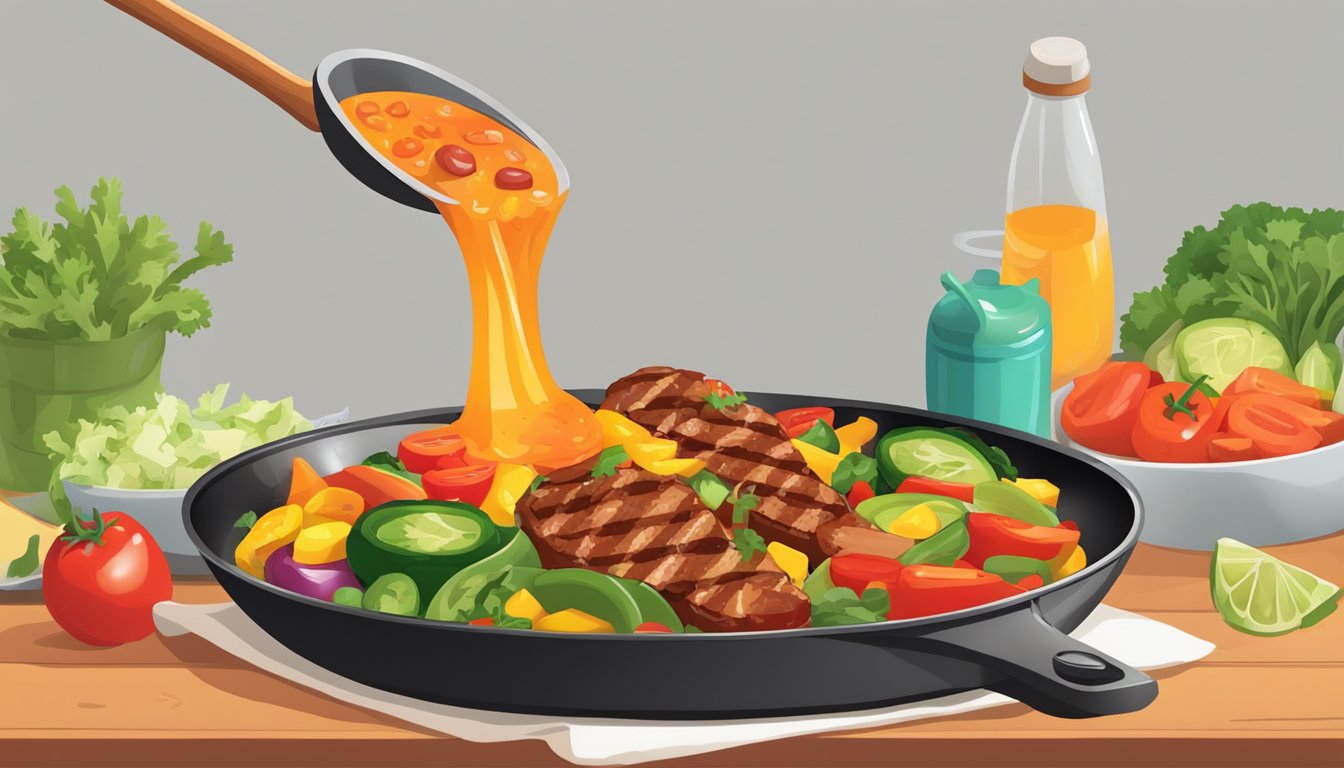 A sizzling skillet with colorful vegetables and sizzling meat, a jar of Pace Picante sauce pouring over the dish, adding a burst of Tex-Mex flavor