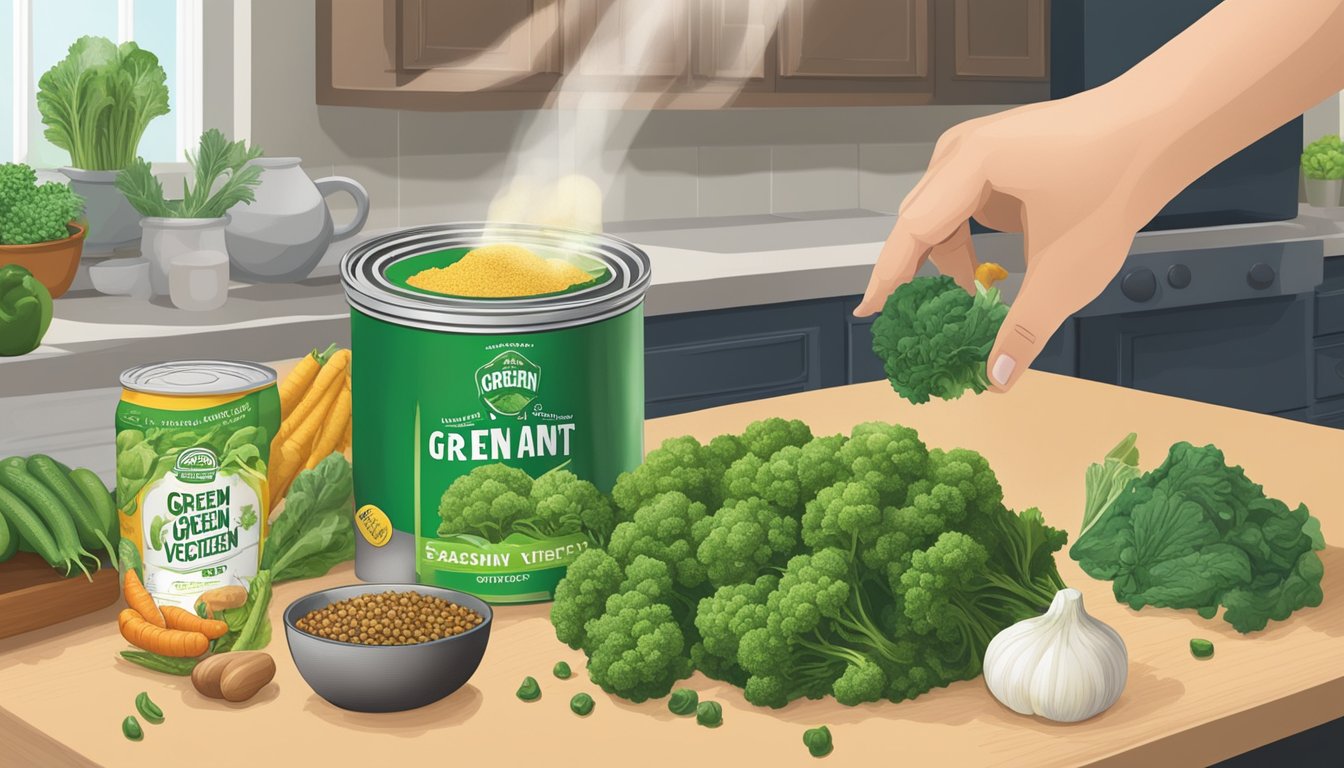 A hand reaching for a can of Green Giant vegetables next to a pot and various seasonings on a kitchen counter