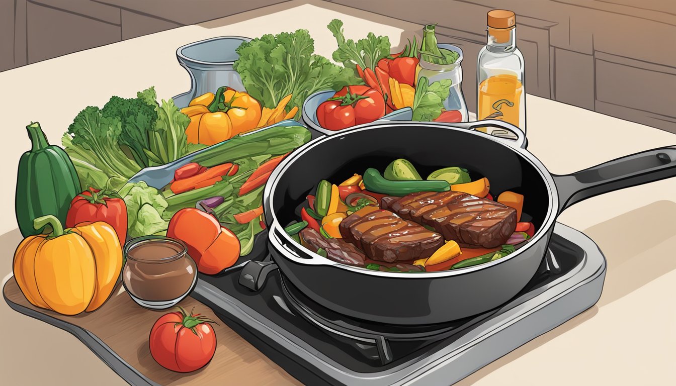 A sizzling skillet with colorful vegetables and sizzling meat, a jar of Pace Picante sauce open and ready to be drizzled over the dish