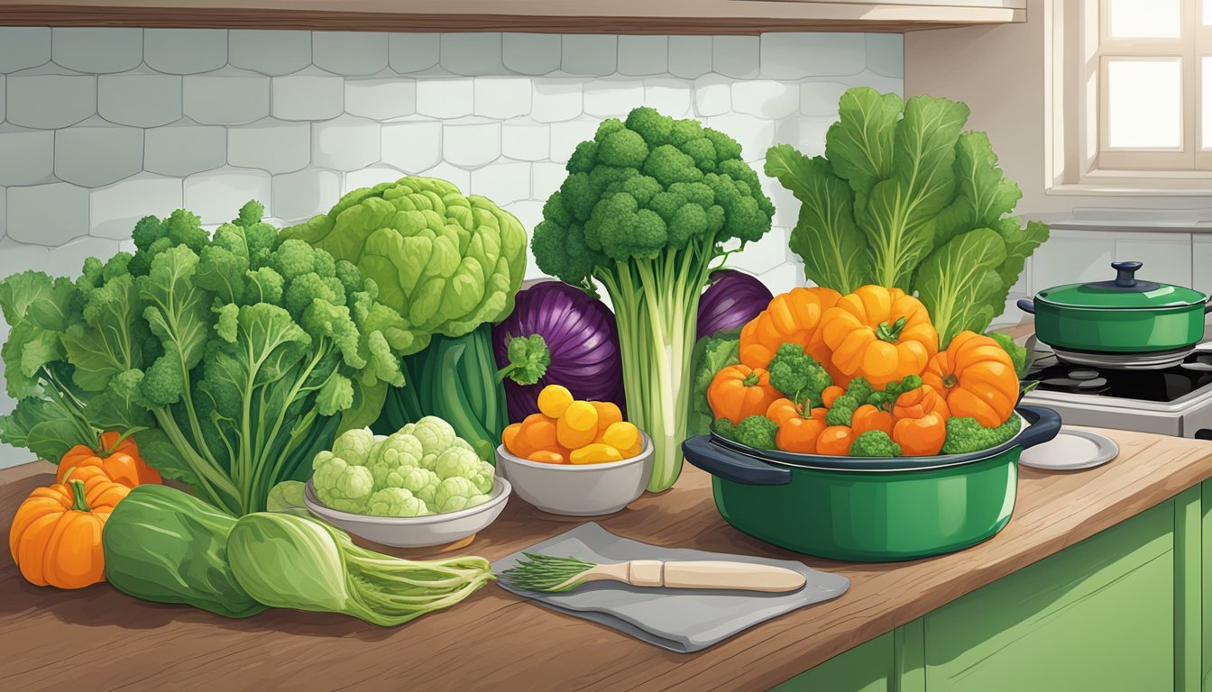 A colorful array of Green Giant vegetables arranged on a kitchen counter, alongside cooking utensils and a casserole dish