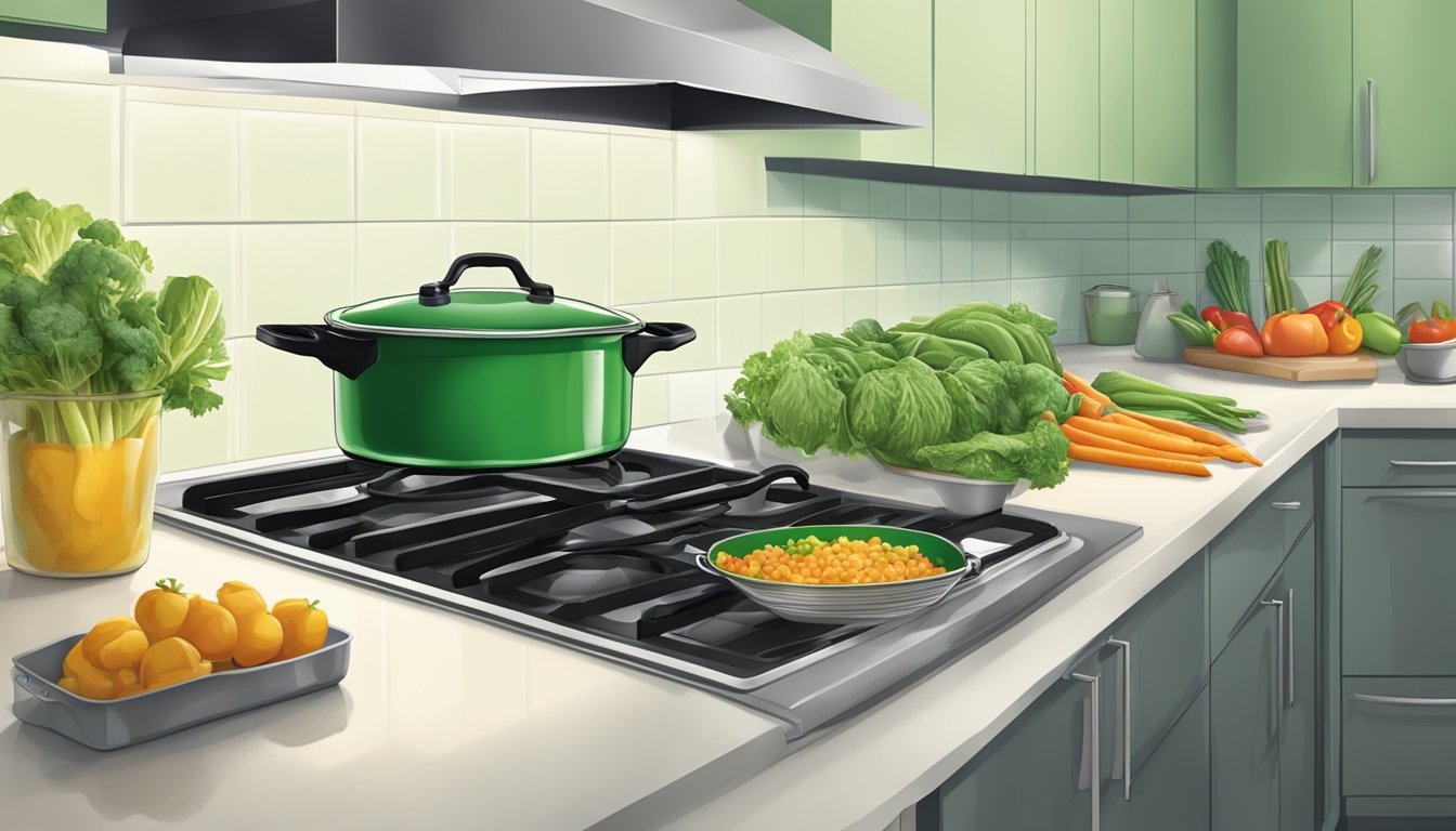 A kitchen counter with Green Giant vegetable cans, a casserole dish, and an oven