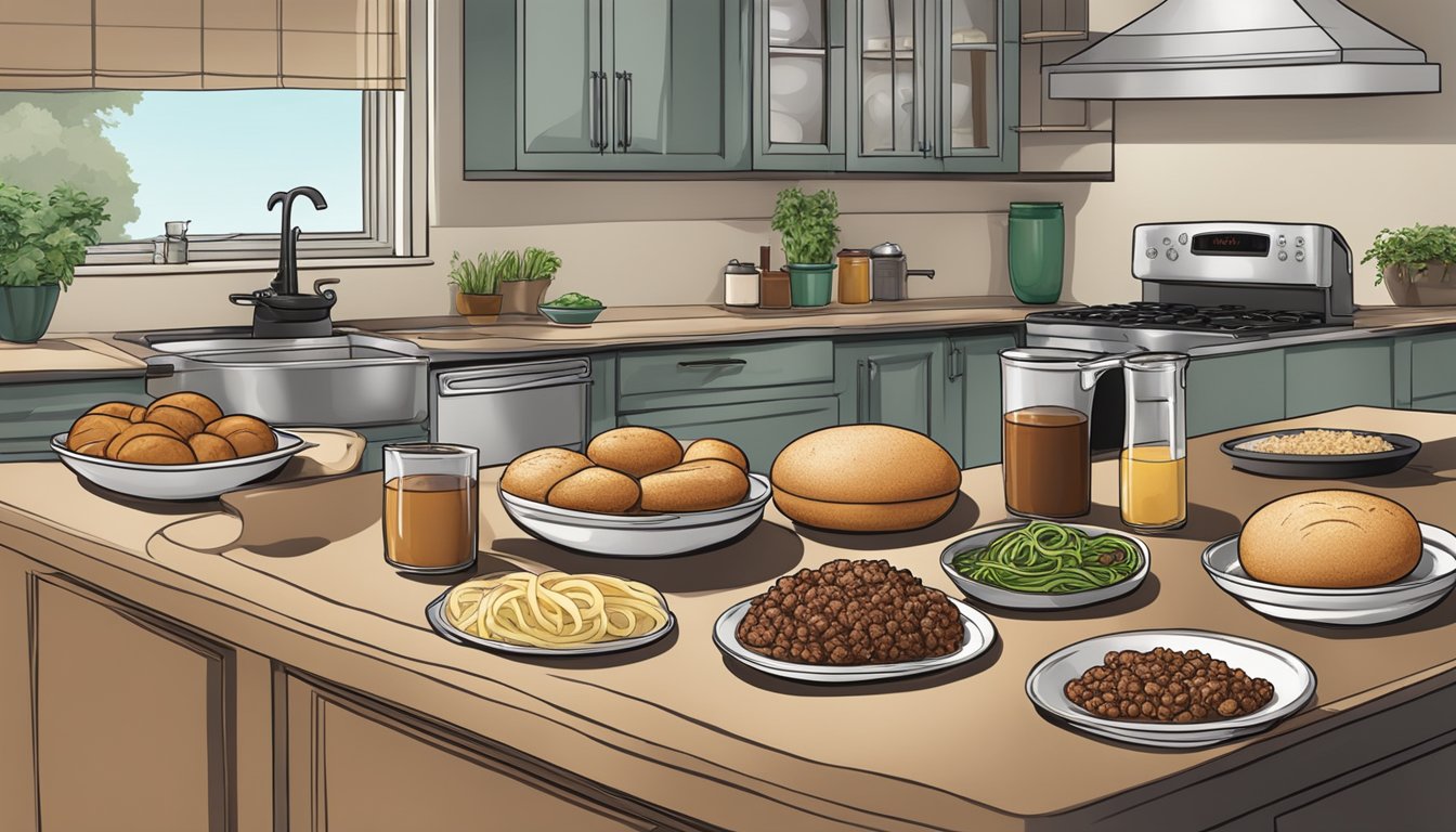 A kitchen counter with ingredients: ground beef, Manwich sauce, buns, onions, and a skillet