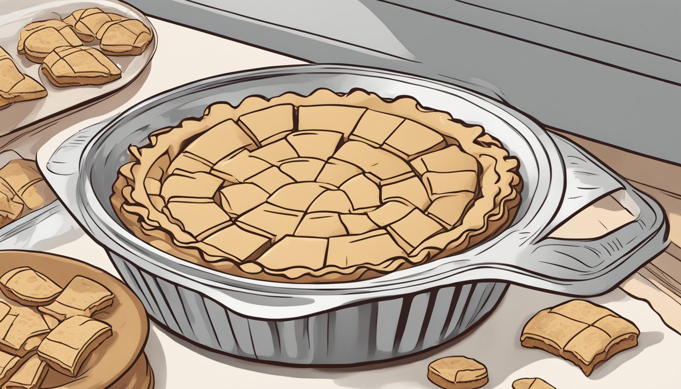 A hand pressing crushed Keebler cookies into a pie dish, ready for baking