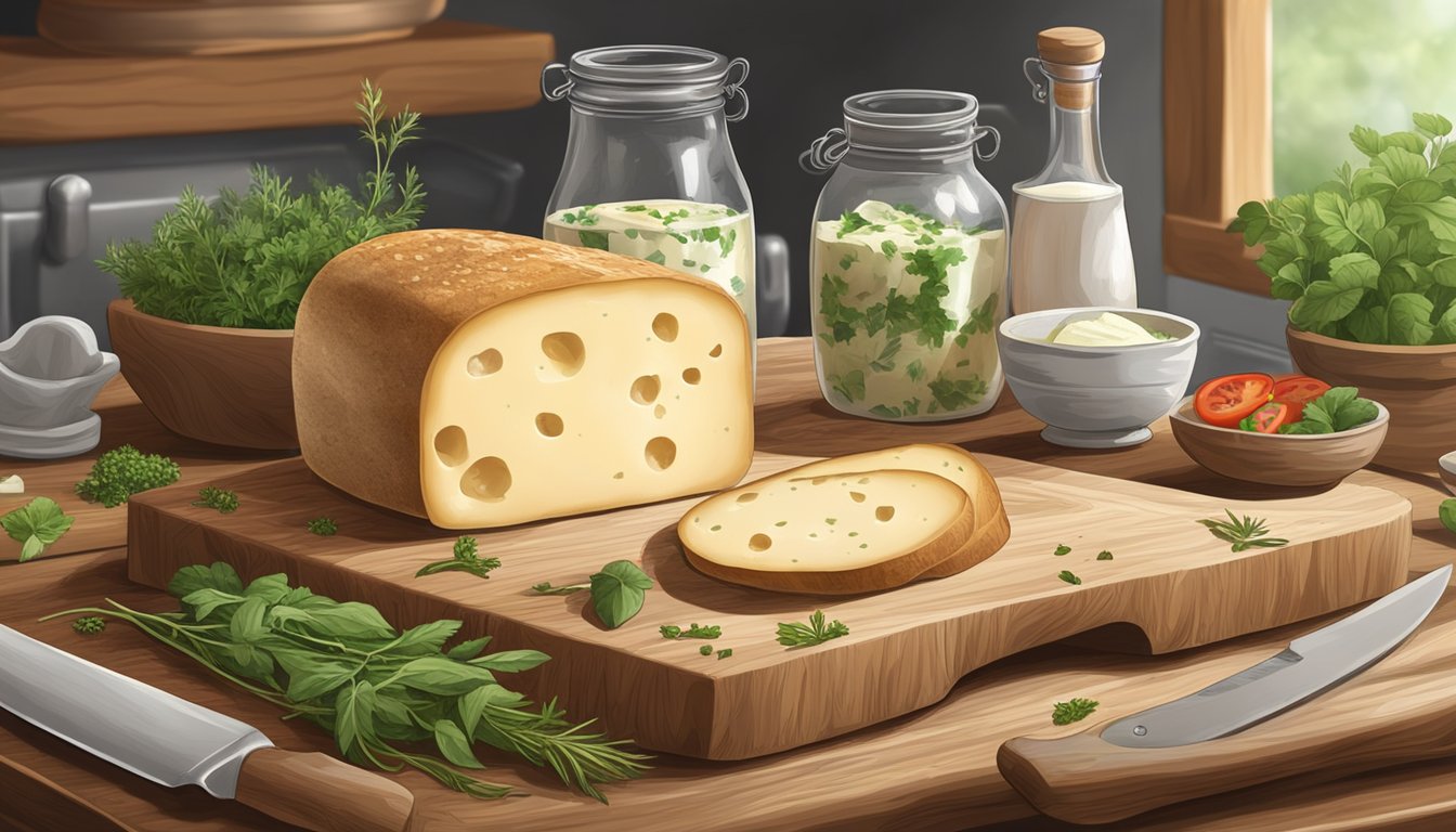 A rustic kitchen with a wooden cutting board, a knife, and a wheel of Laughing Cow cheese surrounded by fresh herbs and sliced bread