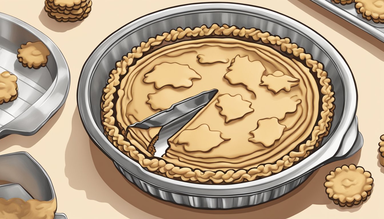 A hand pressing Keebler cookies into a pie dish to create a cookie crust for a dessert