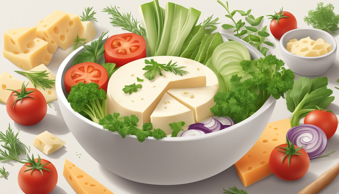 A bowl of Laughing Cow cheese surrounded by fresh herbs and sliced vegetables, ready to be mixed for creamy spreads