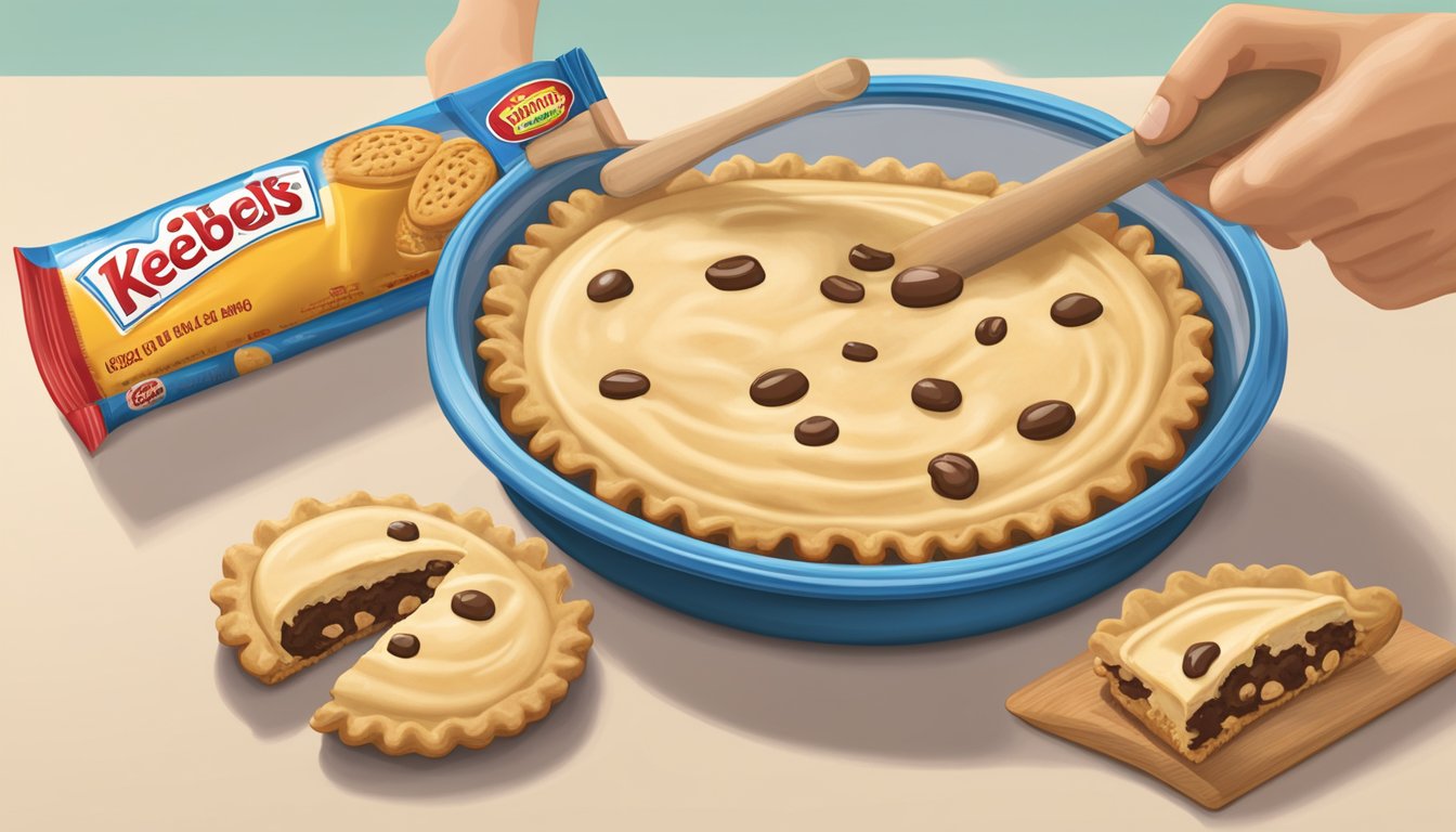 A hand holding a bag of Keebler cookies, a rolling pin, and a pie dish with a cookie crust inside. Ingredients and a mixing bowl on the counter