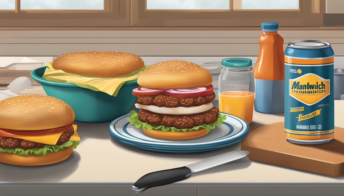 A kitchen counter with a can of Manwich sauce, a skillet with cooked ground beef, and a stack of hamburger buns