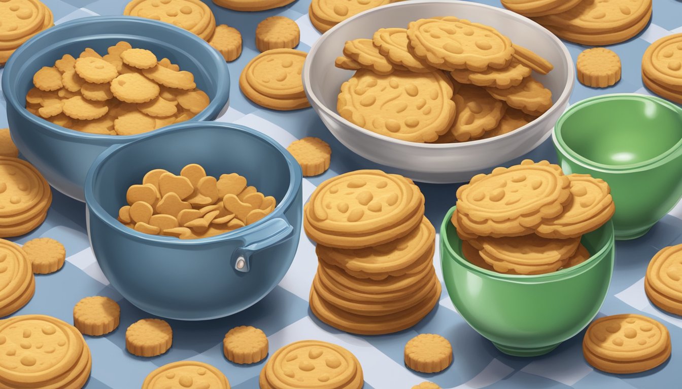 A colorful array of Keebler cookies arranged in a kitchen, with a mixing bowl and rolling pin nearby for creating dessert crusts