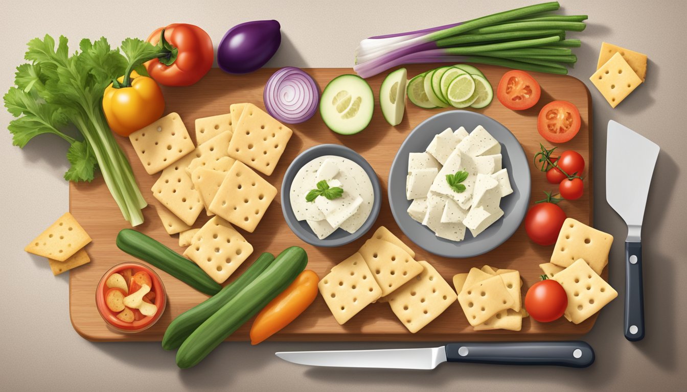 A cutting board with assorted crackers and vegetables, surrounded by open Laughing Cow cheese wedges and a spreader