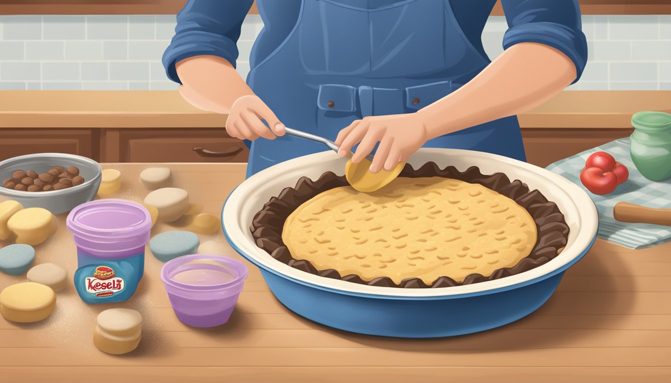 A hand pressing Keebler cookies into a pie dish, with a mixing bowl and ingredients nearby for making a dessert crust