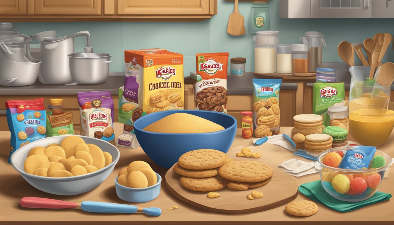 Keebler cookies arranged in a kitchen with a mixing bowl, rolling pin, and various dessert ingredients