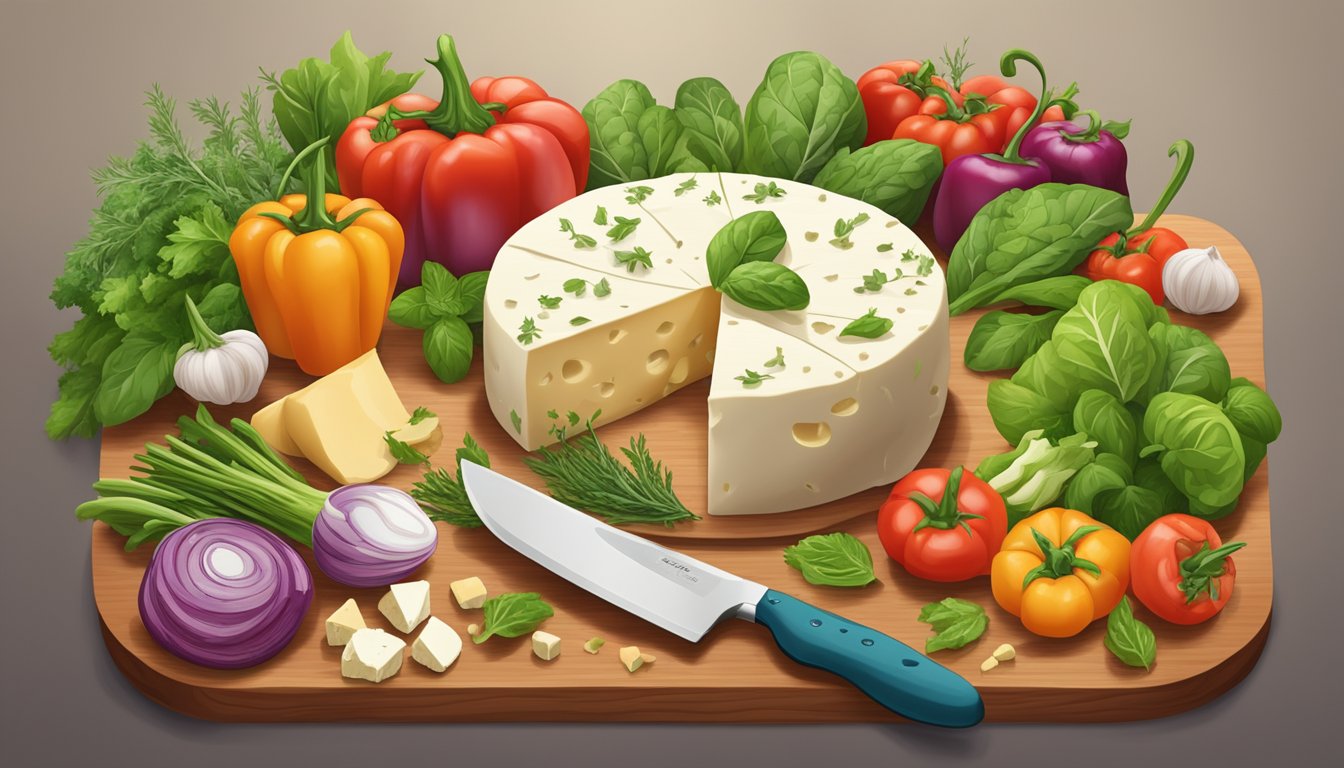 A colorful array of fresh herbs and vegetables surround a wheel of Laughing Cow cheese, with a knife and cutting board ready for preparation