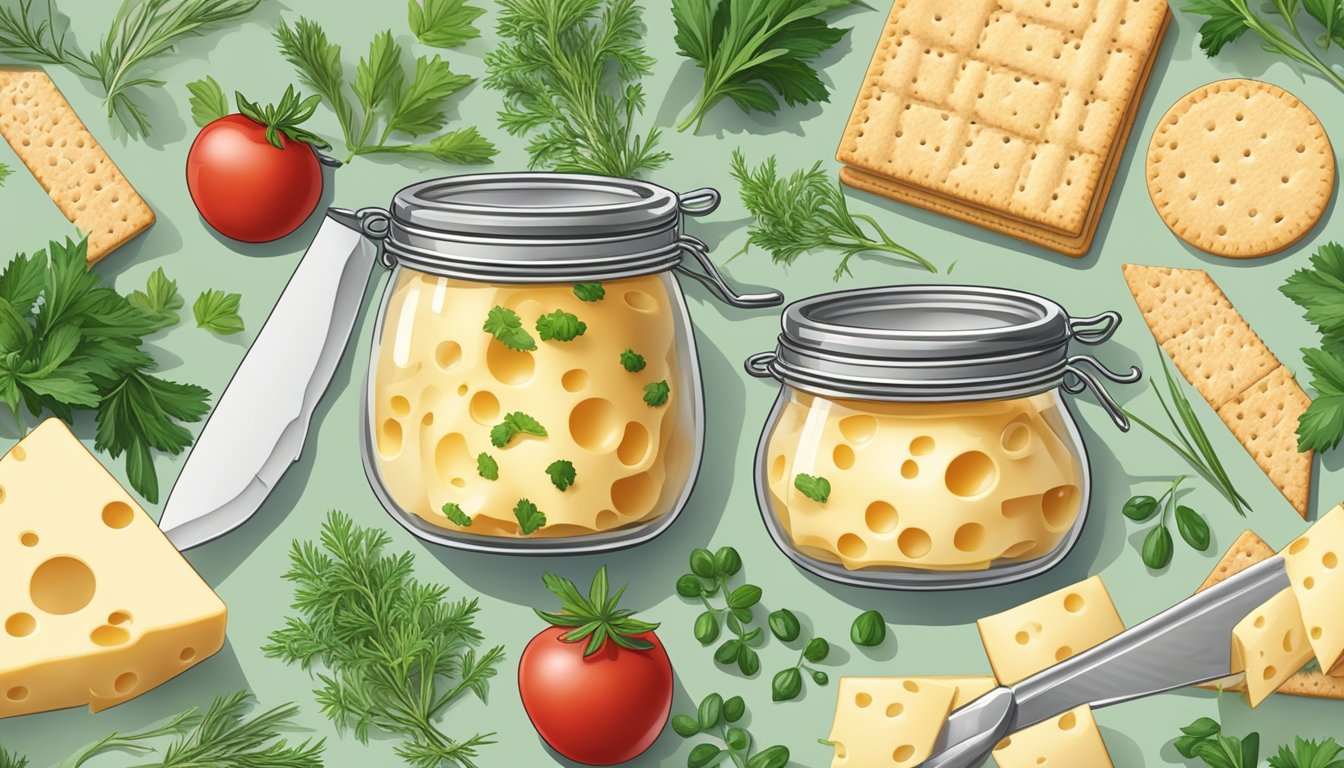 A jar of Laughing Cow cheese surrounded by fresh herbs, crackers, and a knife for spreading