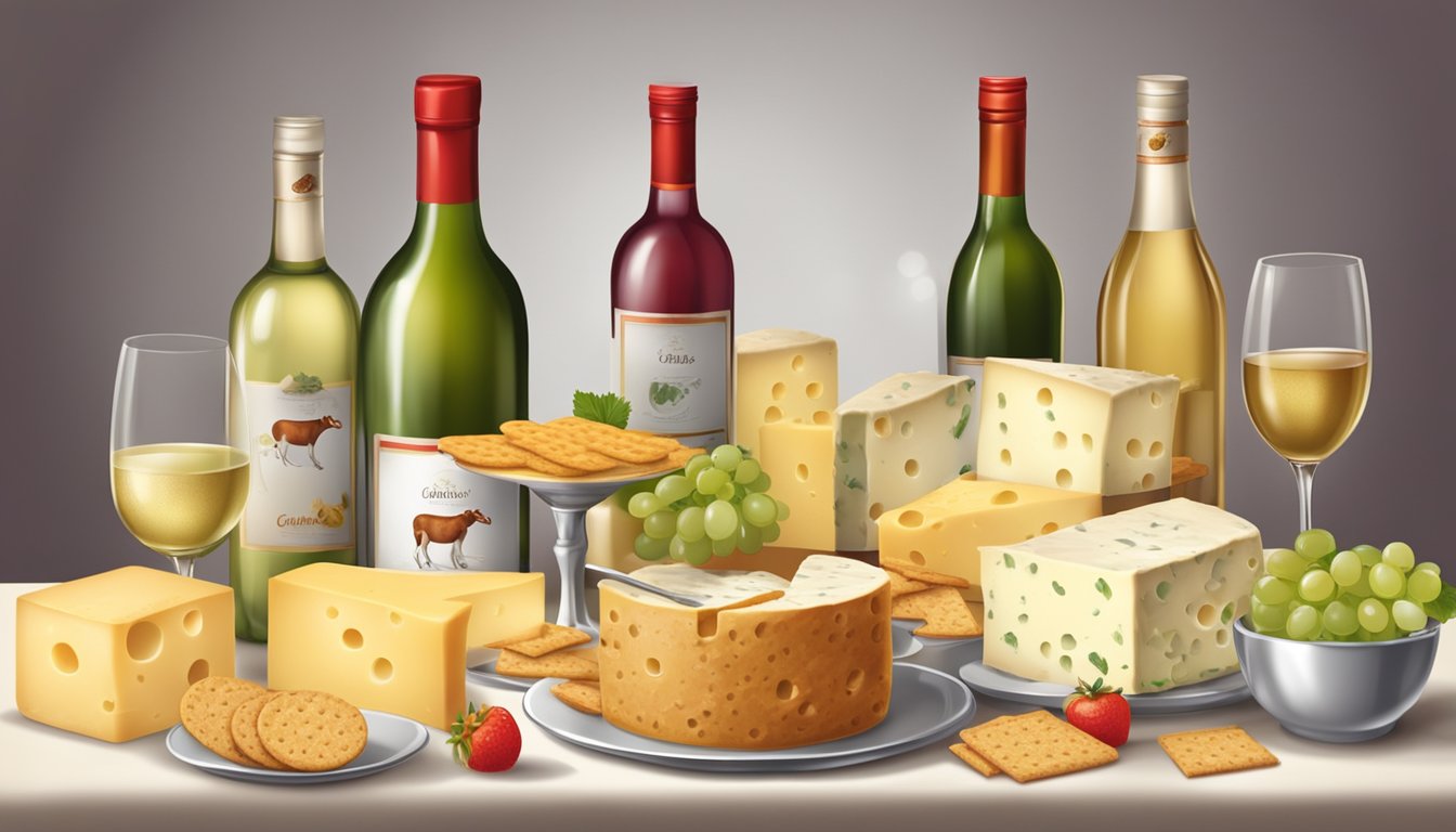 A table set with various types of Laughing Cow cheese, accompanied by bottles of wine and beverages, with utensils and crackers for spreading