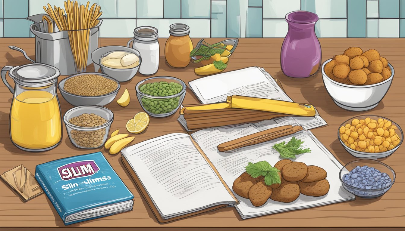 A countertop with assorted ingredients and a package of Slim Jims, surrounded by cooking utensils and a recipe book