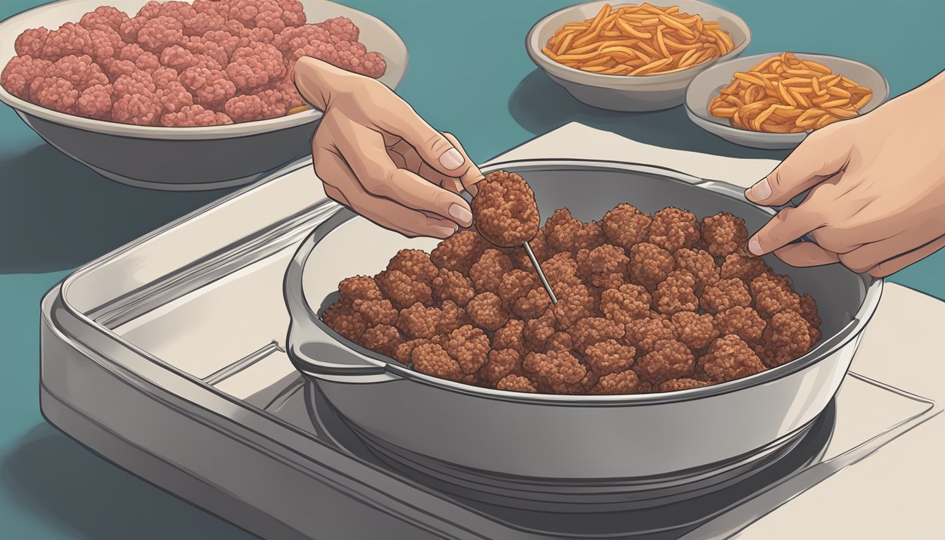 A hand reaching into a bowl of ground meat, shaping it into snack-sized sticks, then placing them on a baking sheet