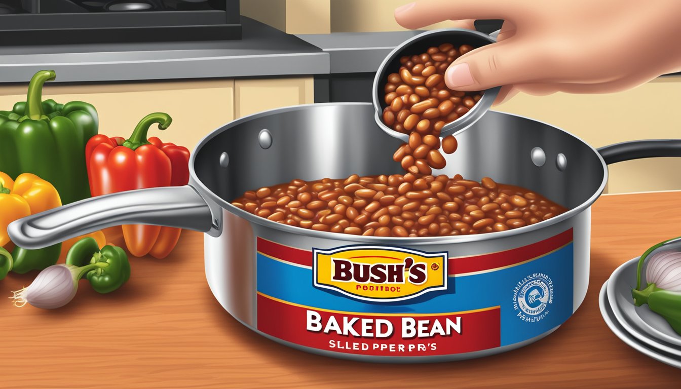 A can of Bush's baked beans being poured into a skillet with diced onions and bell peppers, sizzling over a stovetop