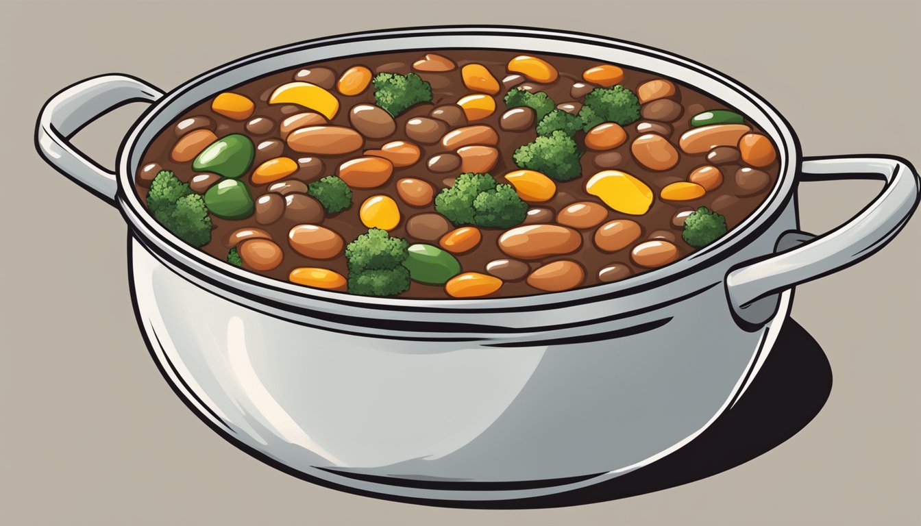 A bubbling pot of Bush's baked beans simmering with colorful vegetables and savory spices, ready to be served as a quick and delicious side dish