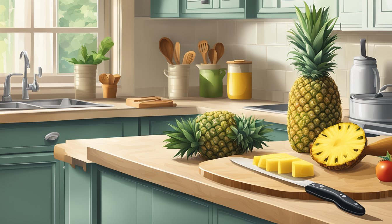 A kitchen counter with a cutting board, knife, can of Dole pineapple, and various cooking utensils