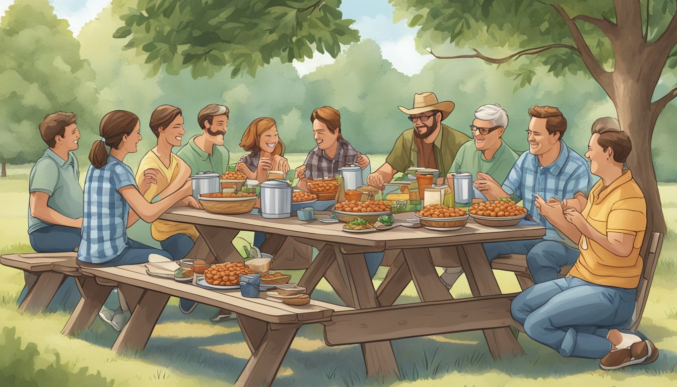 A picnic table set with bowls of steaming Bush's baked beans, surrounded by friends and family enjoying a casual outdoor gathering