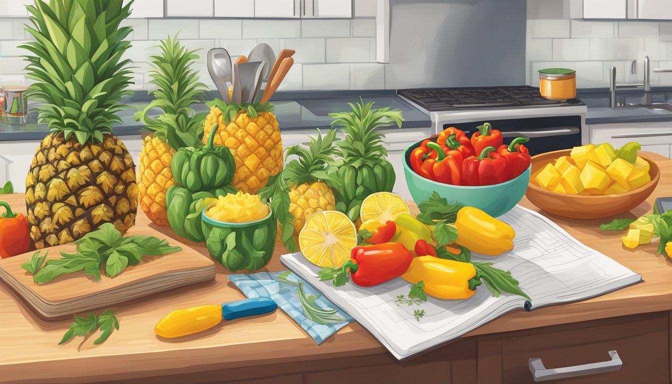 A vibrant kitchen counter with fresh Dole pineapples, colorful peppers, and assorted herbs, along with cooking utensils and a recipe book open to a page on pineapple salsas