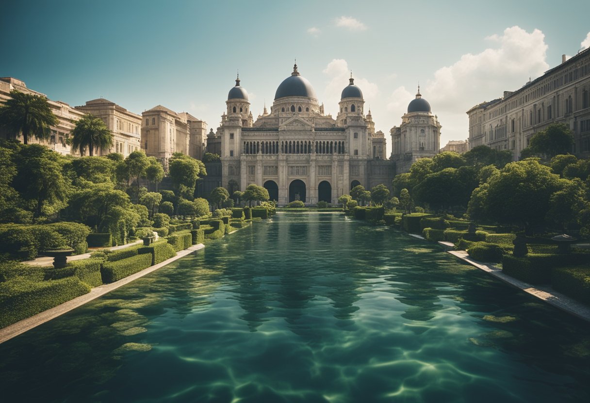 Uma cidade majestosa e avançada, cercada por água, com uma grande arquitetura e jardins exuberantes, afundando lentamente sob as ondas.