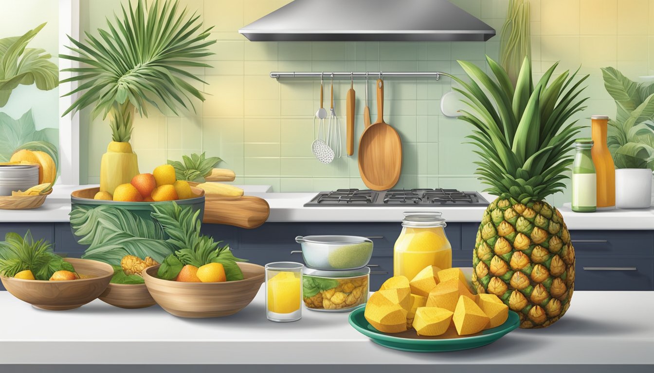 A vibrant kitchen counter with fresh Dole pineapples, assorted tropical ingredients, and cookware ready for a culinary adventure