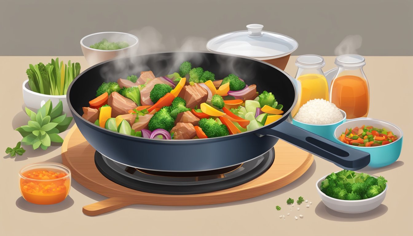 A steaming skillet of colorful stir-fry sizzling with fresh vegetables and succulent pieces of meat, surrounded by a box of Minute Rice and a measuring cup