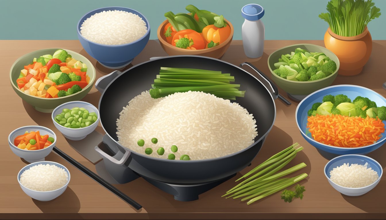 A variety of Minute Rice packages arranged next to a wok and various vegetables, with a steaming stir-fry being prepared on a stovetop