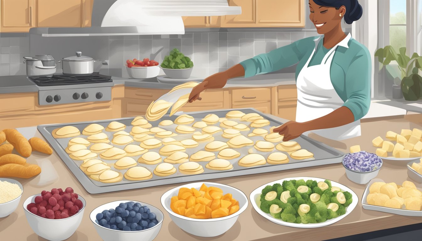 A kitchen counter with Pillsbury crescent rolls being filled and topped with various ingredients, ready to be rolled up and baked