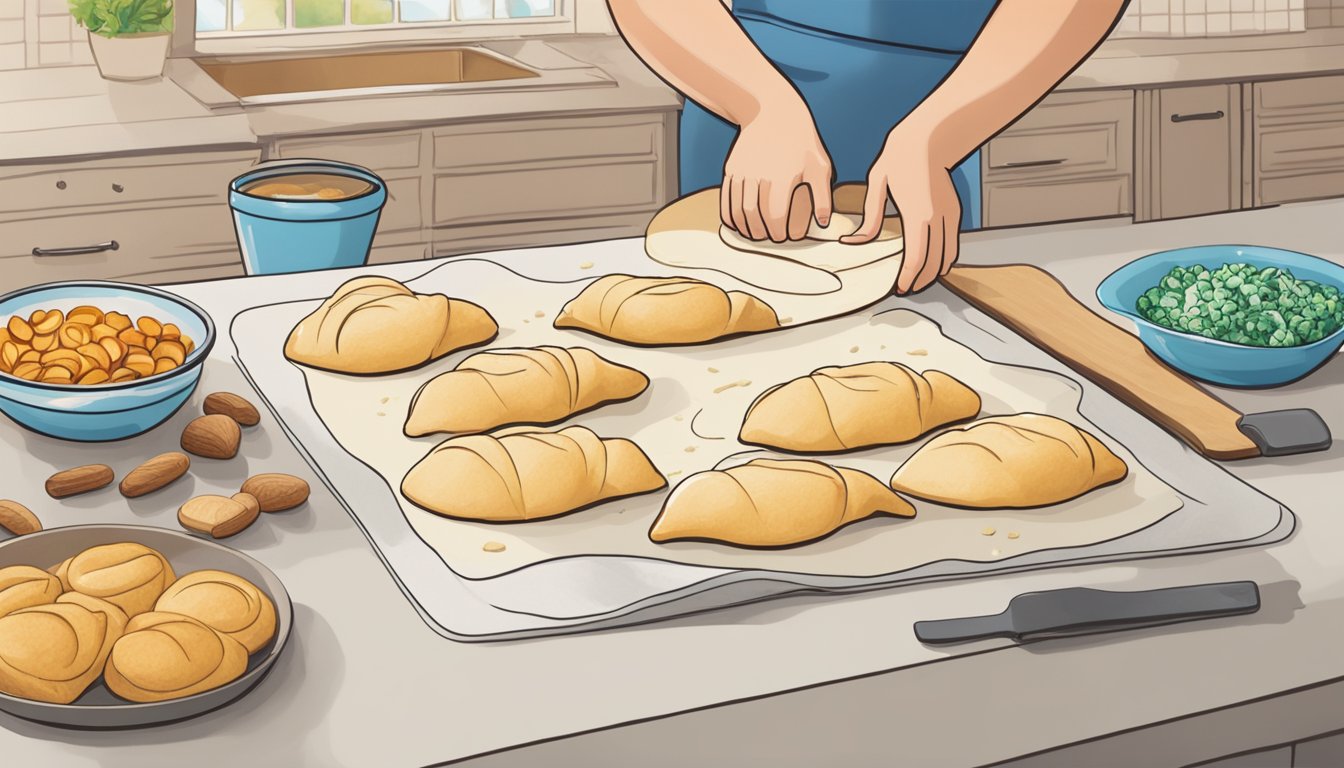 A kitchen counter with Pillsbury crescent rolls being rolled out and filled with various ingredients, ready to be baked for appetizers