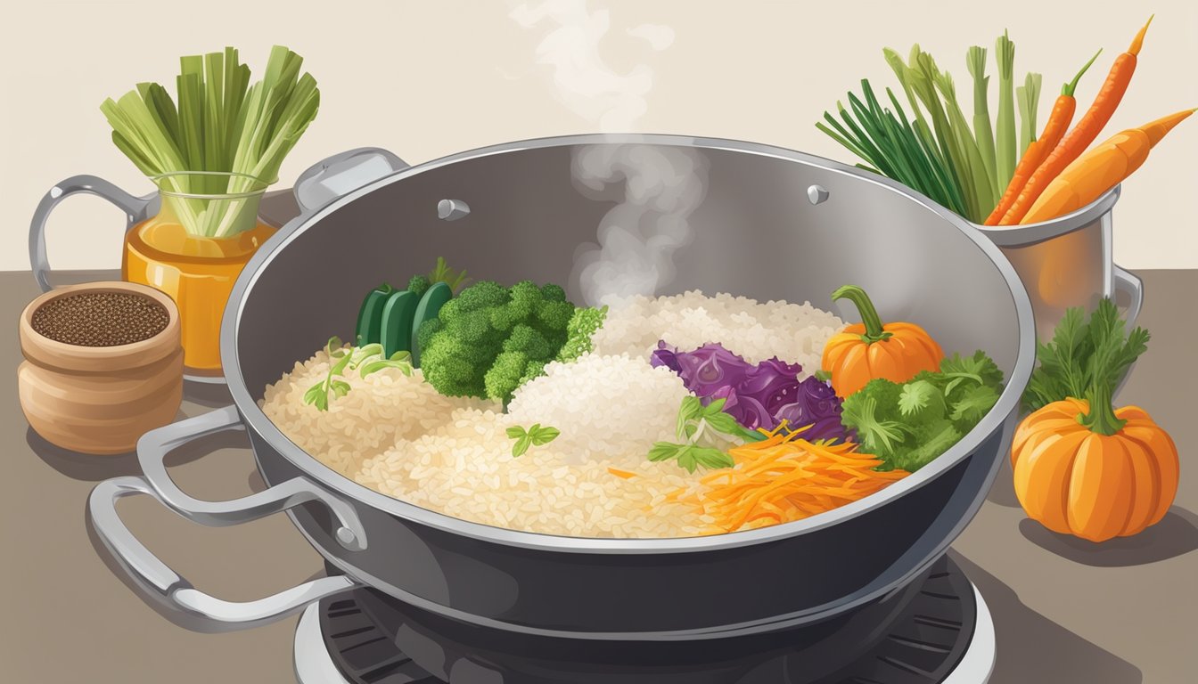 A steaming pot of Minute rice being stirred with colorful vegetables and savory broth, surrounded by an array of seasonings and spices