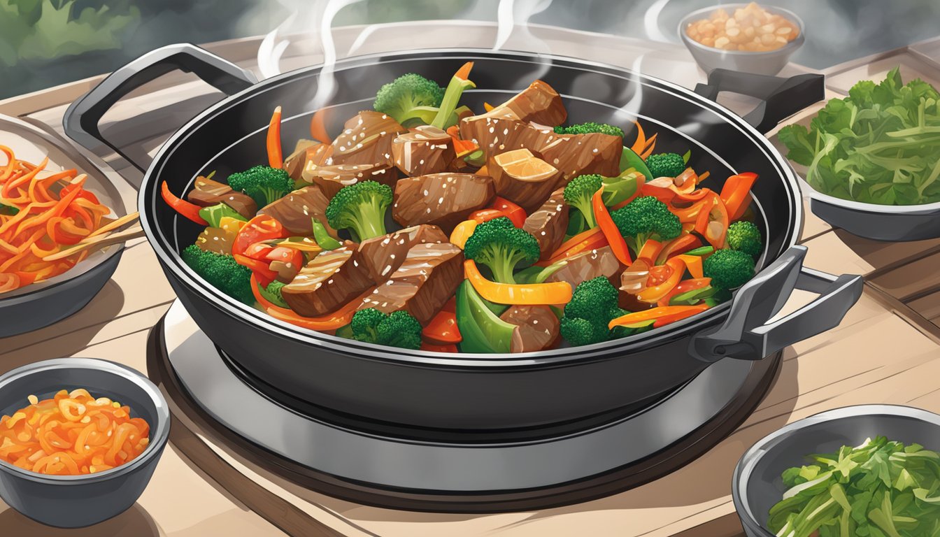 A sizzling wok with vibrant stir-fried vegetables and sizzling chunks of meat, drizzled with Huy Fong Sriracha sauce, emitting a tantalizing aroma