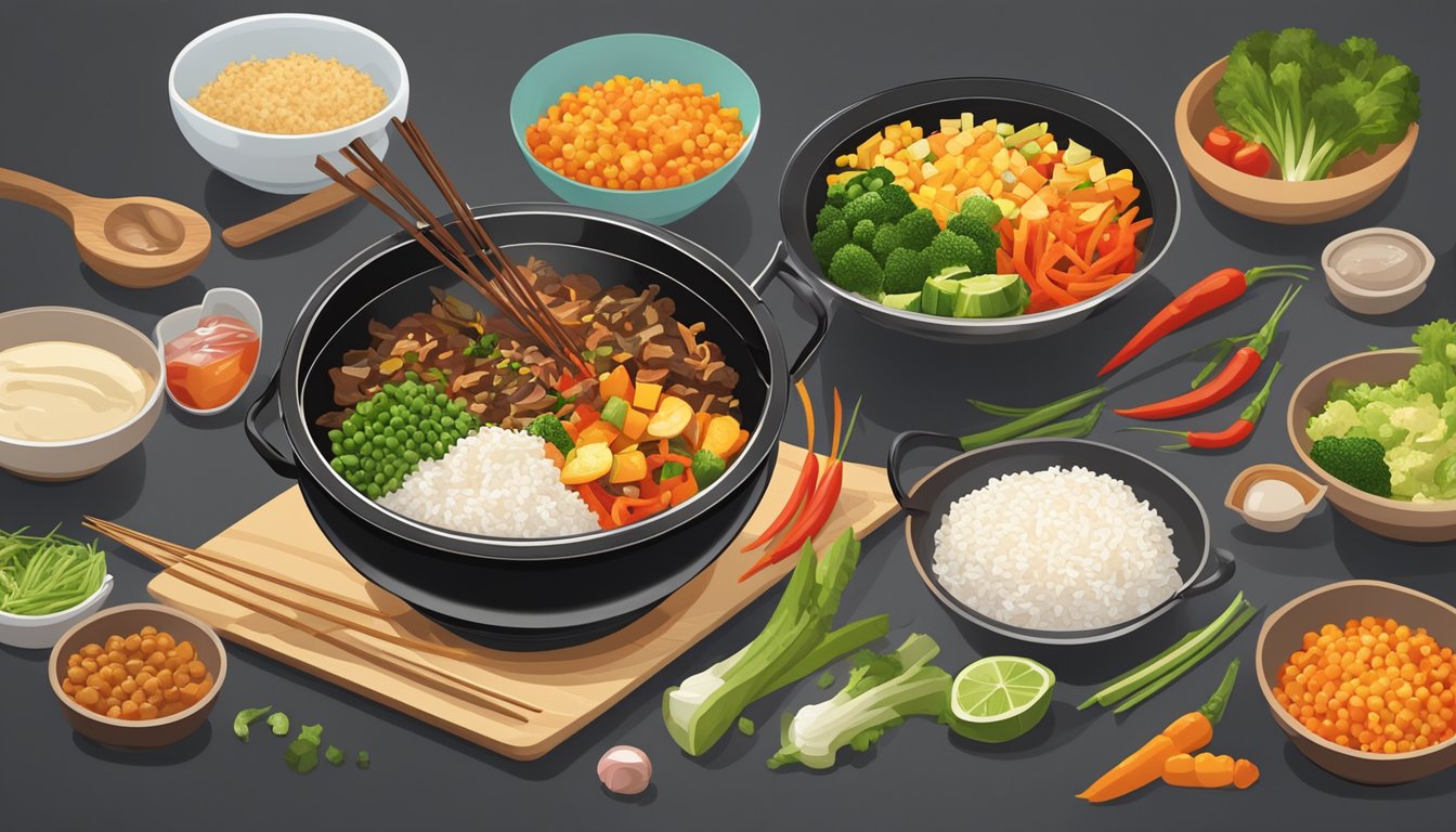 A sizzling wok filled with colorful vegetables and bite-sized pieces of protein, surrounded by bowls of pre-cooked Minute rice and various sauces