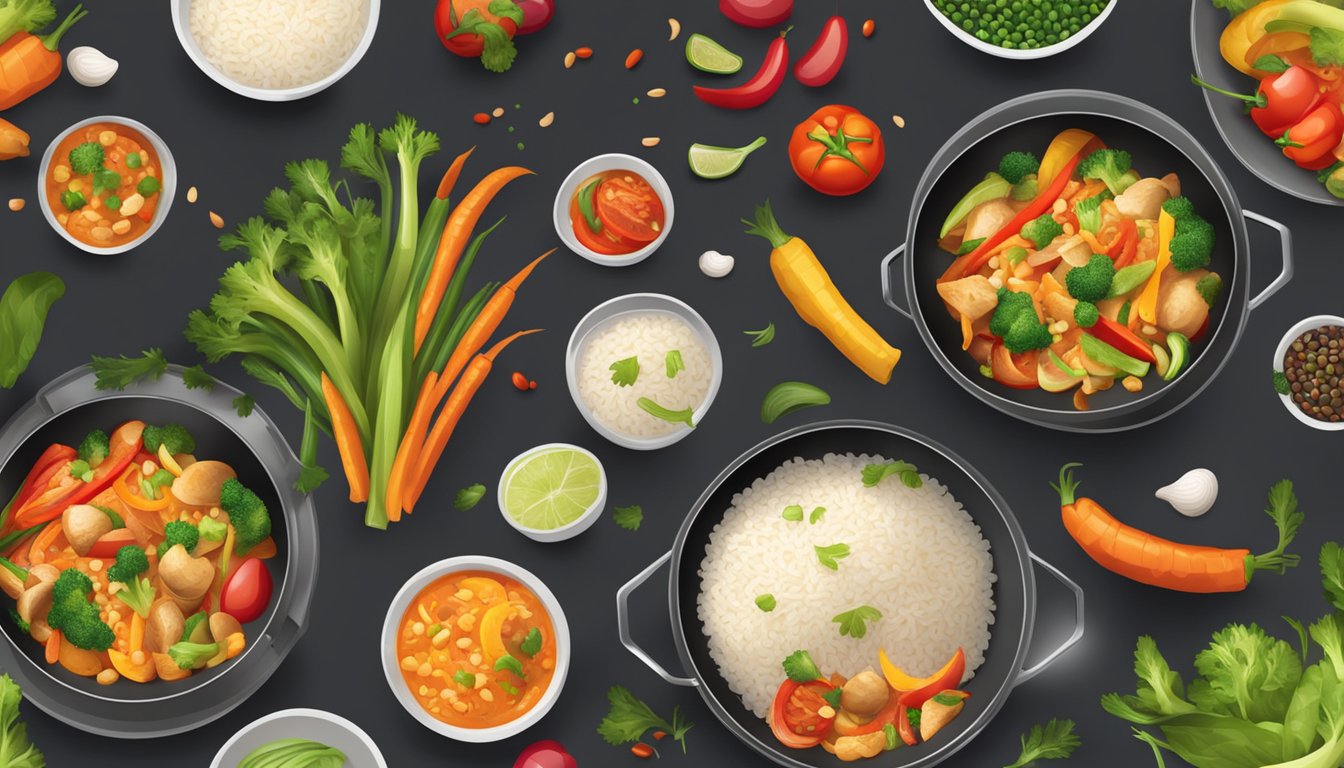 A wok sizzling with colorful vegetables and quick-cooking Minute rice being tossed together with flavorful sauces and seasonings