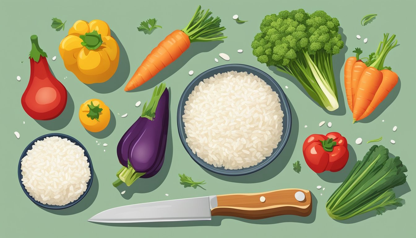 A colorful array of fresh vegetables arranged next to a box of Minute rice, with a chef's knife and cutting board ready for preparation