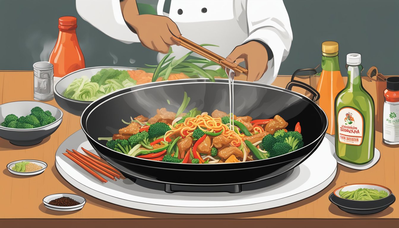 A wok sizzling with stir-fry ingredients, a bottle of Huy Fong Sriracha being drizzled over the dish, adding a spicy kick to the Asian-inspired meal