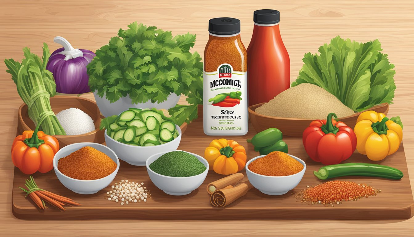 A colorful array of fresh vegetables, spices, and a packet of McCormick taco seasoning laid out on a wooden cutting board