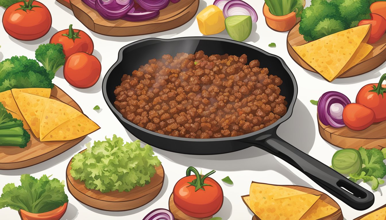 A sizzling skillet with seasoned ground beef, colorful diced vegetables, and a sprinkle of McCormick taco seasoning, emitting aromatic steam