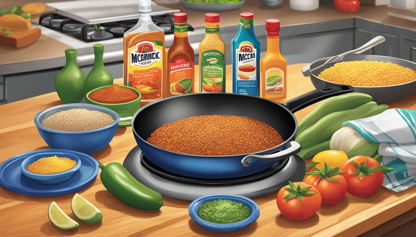 A vibrant kitchen counter with various Mexican ingredients and a packet of McCormick taco seasoning, surrounded by cooking utensils and a sizzling skillet on the stove