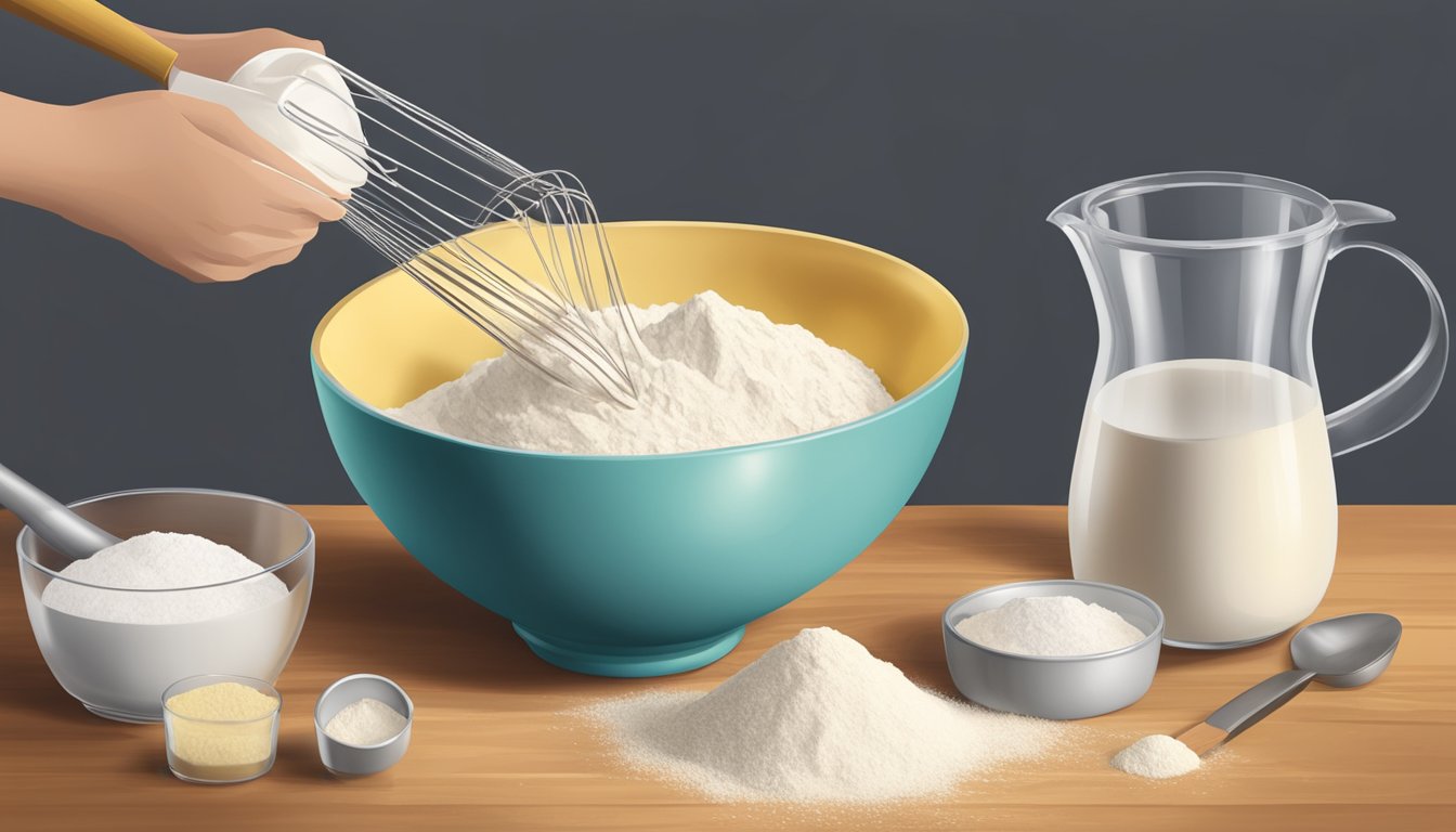 A mixing bowl filled with flour, a measuring cup pouring I Can't Believe It's Not Butter, and a whisk blending the ingredients for lighter baking