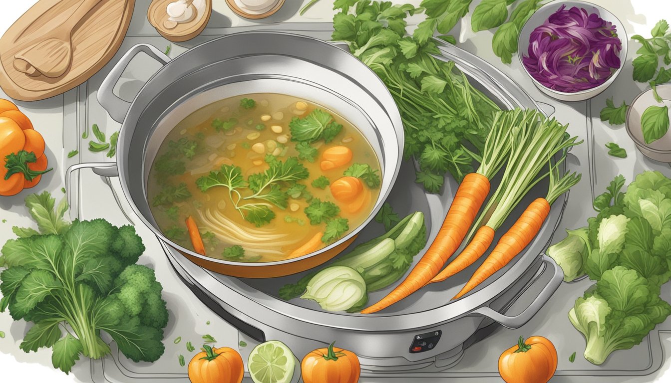 A simmering pot of Swanson broth surrounded by fresh vegetables and herbs on a clean kitchen counter