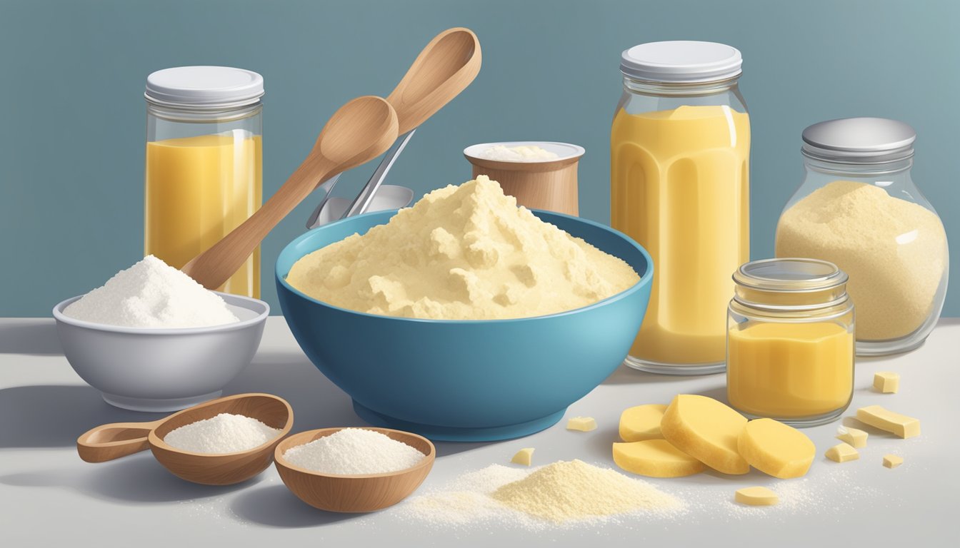 A kitchen counter with a mixing bowl, measuring spoons, and a tub of I Can't Believe It's Not Butter, surrounded by ingredients like flour and sugar