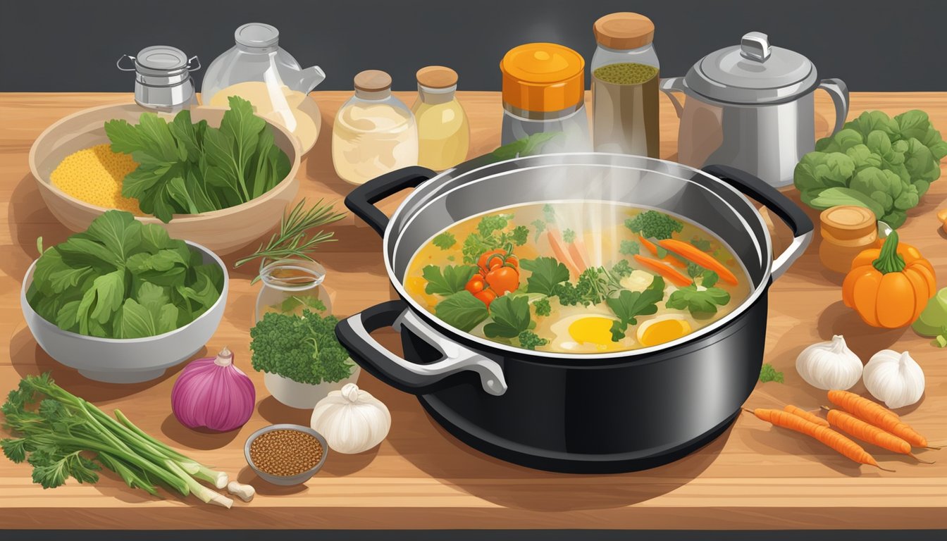 A pot on a stove, filled with Swanson broth and various fresh ingredients such as vegetables, herbs, and spices laid out on a cutting board