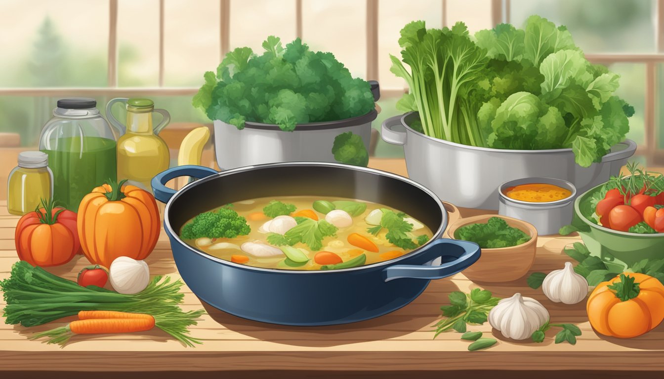 A simmering pot of Swanson broth with various fresh vegetables and herbs surrounding it on a wooden kitchen counter