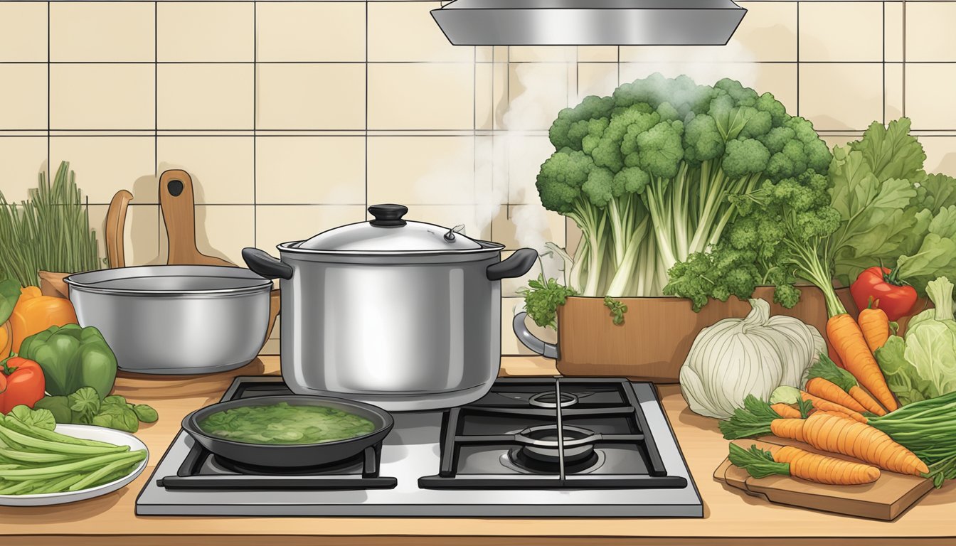 A steaming pot of soup simmering on a stove, surrounded by fresh vegetables, herbs, and a carton of Swanson broth