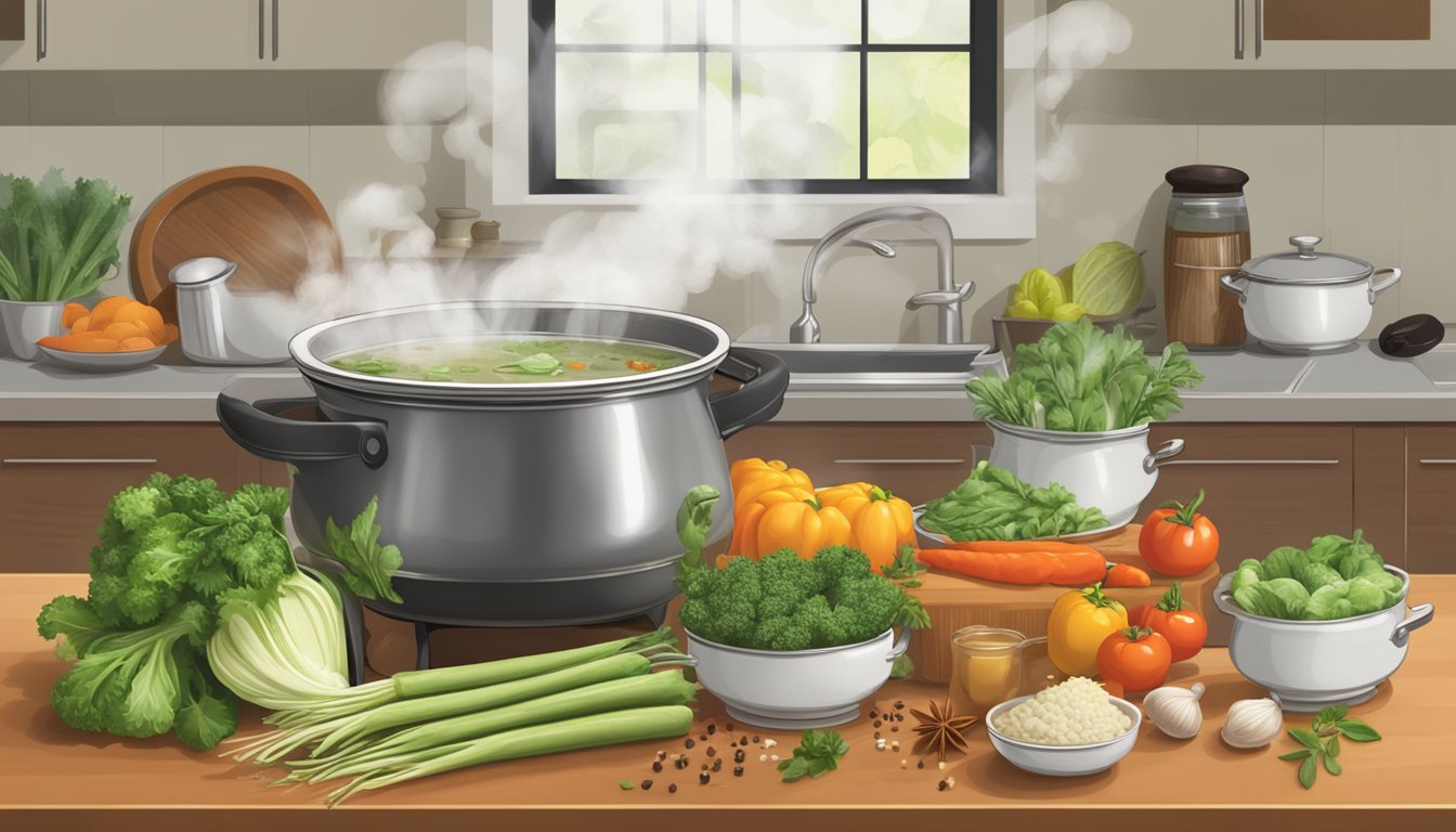 A steaming pot of Swanson broth surrounded by fresh vegetables, herbs, and spices on a kitchen counter